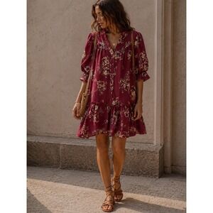 Fate Burgundy Floral Ruffle Neck Puff Sleeve‎ Babydoll Mini Dress Small